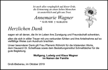 Traueranzeige von Annemarie Wagner von vrm-trauer