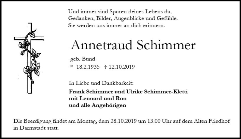  Traueranzeige für Annetraud Schimmer vom 19.10.2019 aus vrm-trauer
