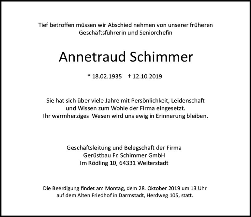  Traueranzeige für Annetraud Schimmer vom 26.10.2019 aus vrm-trauer
