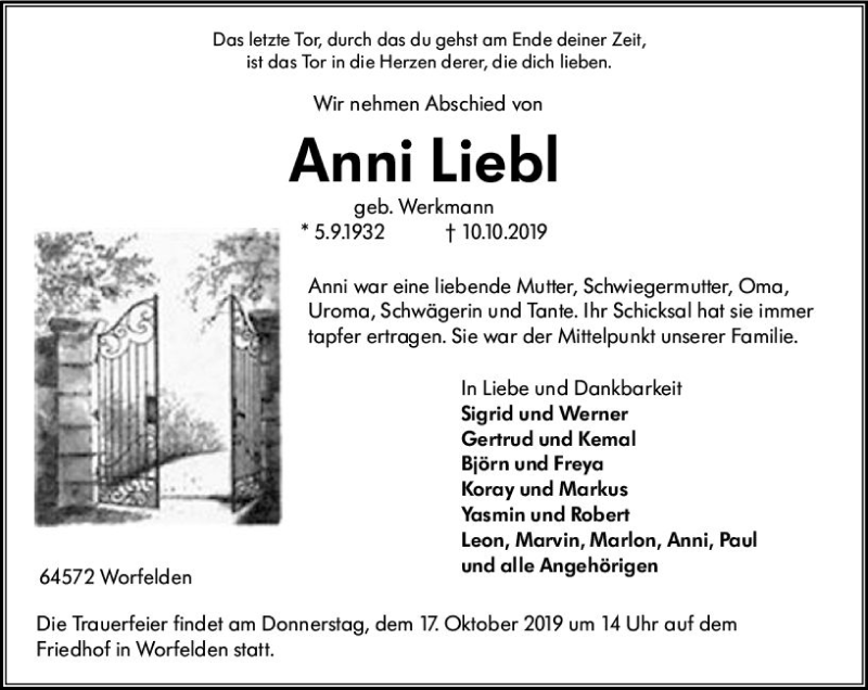 Traueranzeige für Anni Liebl vom 15.10.2019 aus vrm-trauer
