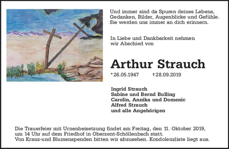  Traueranzeige für Arthur Strauch vom 09.10.2019 aus vrm-trauer