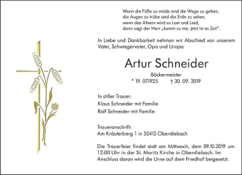 Traueranzeige von Artur Schneider von vrm-trauer