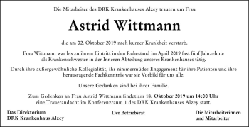 Traueranzeige von Astrid Wittmann von vrm-trauer