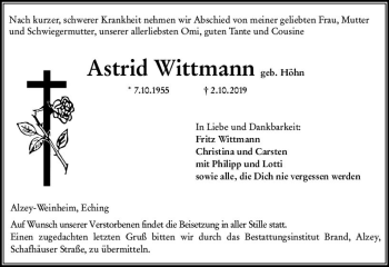 Traueranzeige von Astrid Wittmann von vrm-trauer