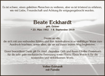 Traueranzeige von Beate Eckhardt von vrm-trauer