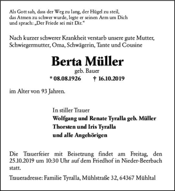 Traueranzeige von Berta Müller von vrm-trauer