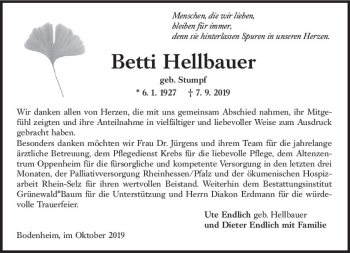 Traueranzeige von Betti Hellbauer von vrm-trauer