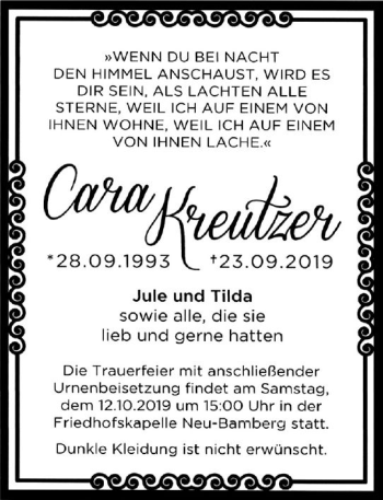 Traueranzeige von Cara Kreutzer von vrm-trauer