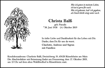 Traueranzeige von Christa Balß von vrm-trauer