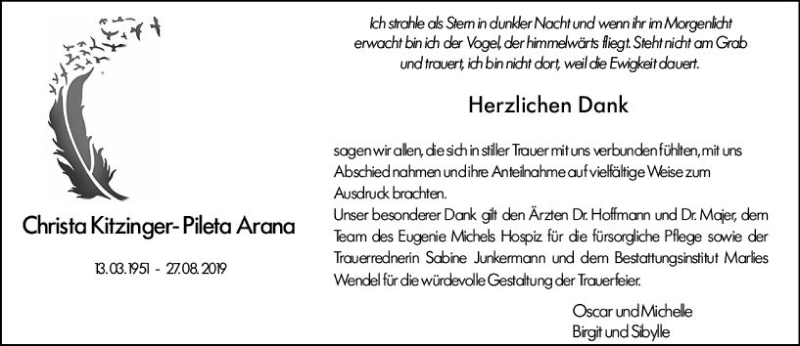  Traueranzeige für Christa Kitzinger-Pileta Arana vom 05.10.2019 aus vrm-trauer
