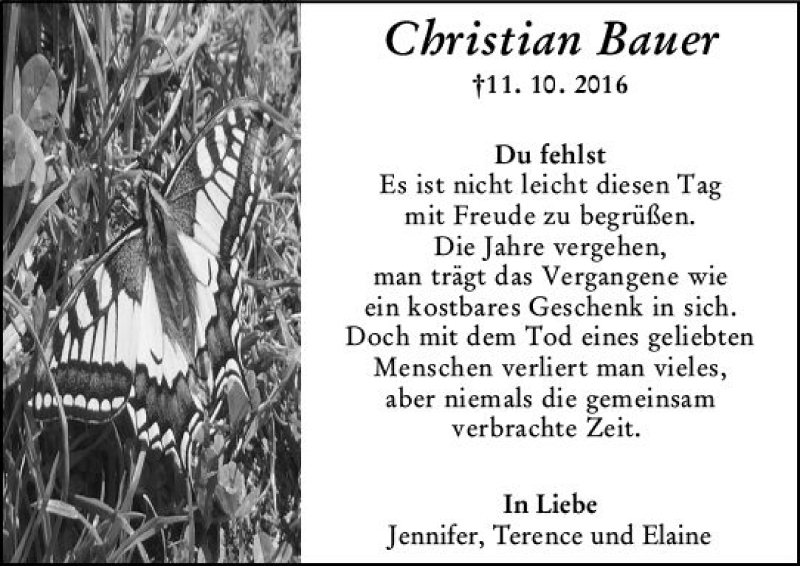  Traueranzeige für Christian Bauer vom 11.10.2019 aus vrm-trauer