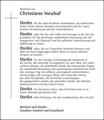 Traueranzeige von Christiane Neuhof von vrm-trauer