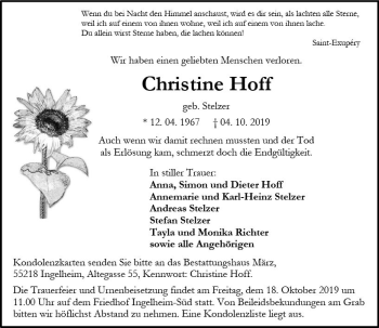 Traueranzeige von Christine Hoff von vrm-trauer