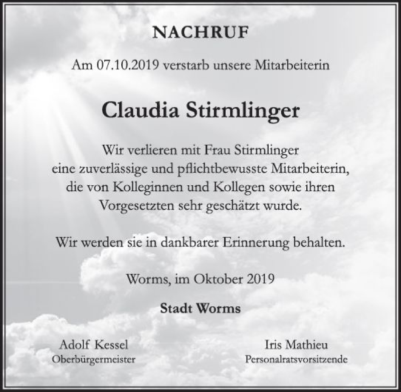  Traueranzeige für Claudia Stirmlinger vom 17.10.2019 aus vrm-trauer