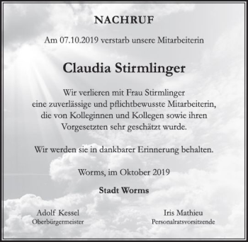 Traueranzeige von Claudia Stirmlinger von vrm-trauer