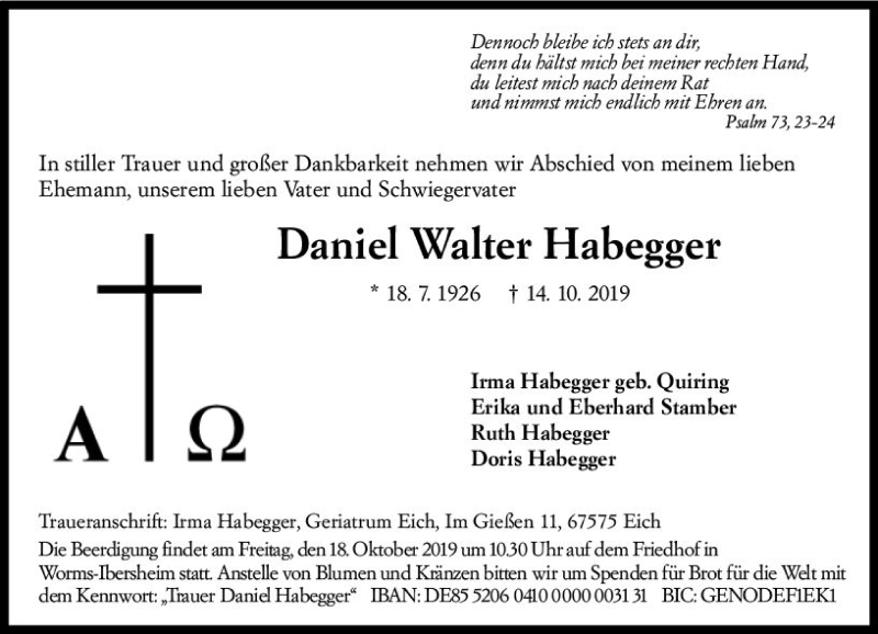  Traueranzeige für Daniel Walter Habegger vom 16.10.2019 aus vrm-trauer