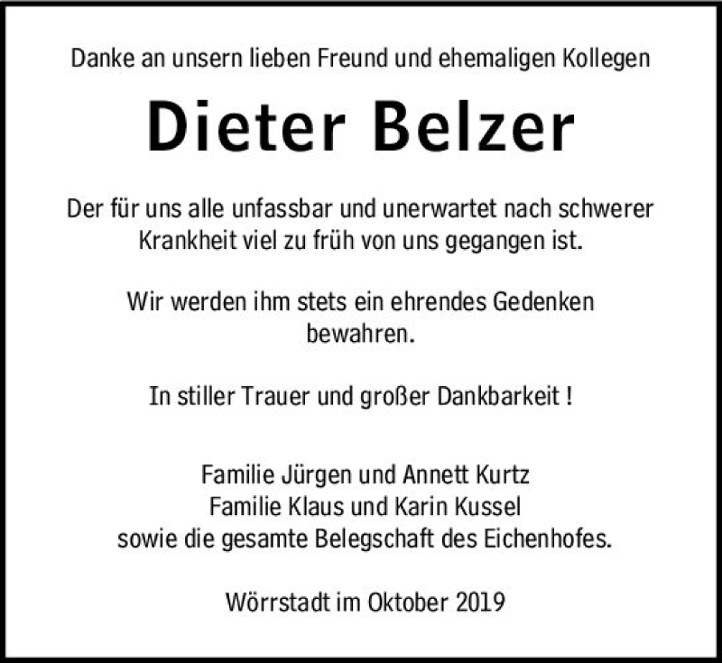  Traueranzeige für Dieter Belzer vom 09.10.2019 aus vrm-trauer