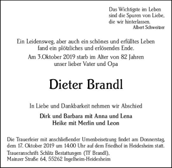 Traueranzeige von Dieter Brandl von vrm-trauer