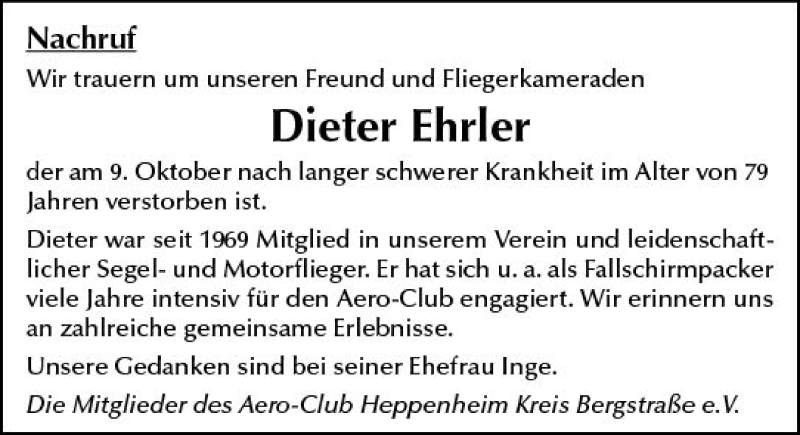  Traueranzeige für Dieter Ehrler vom 19.10.2019 aus vrm-trauer