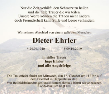 Traueranzeige von Dieter Ehrler von vrm-trauer