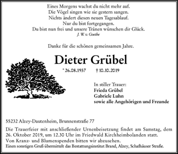 Traueranzeige von Dieter Grübel von vrm-trauer
