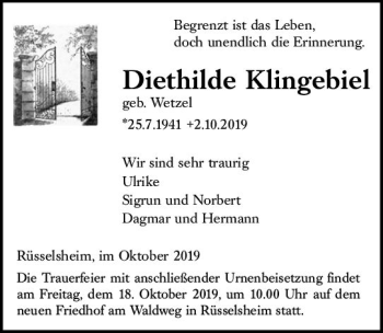 Traueranzeige von Diethilde Klingebiel von vrm-trauer