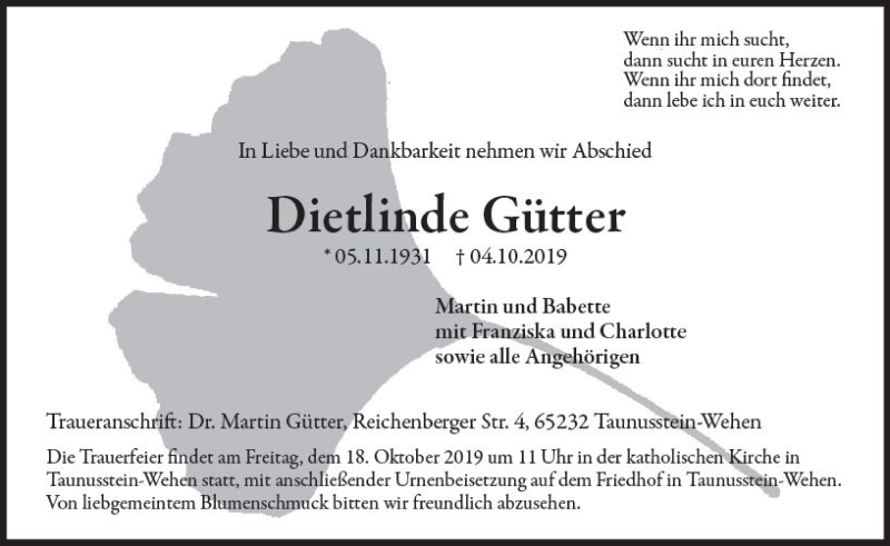  Traueranzeige für Dietlinde Gütter vom 12.10.2019 aus vrm-trauer