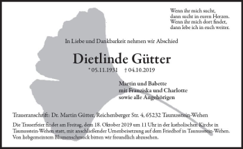 Traueranzeige von Dietlinde Gütter von vrm-trauer