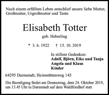 Traueranzeige von Elisabeth Totter von vrm-trauer