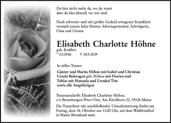 Traueranzeige von Elisabeth Charlotte Höhne von vrm-trauer