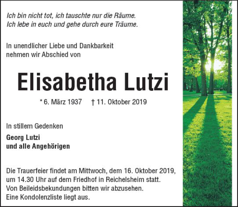  Traueranzeige für Elisabetha Lutzi vom 14.10.2019 aus vrm-trauer