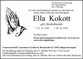 Traueranzeige von Ella Kokott von vrm-trauer