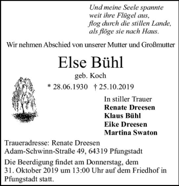 Traueranzeige von Else Bühl von vrm-trauer