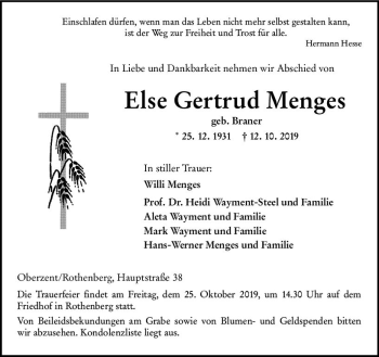 Traueranzeige von Else Gertrud Menges von vrm-trauer
