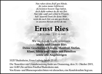 Traueranzeige von Ernst Ries von vrm-trauer