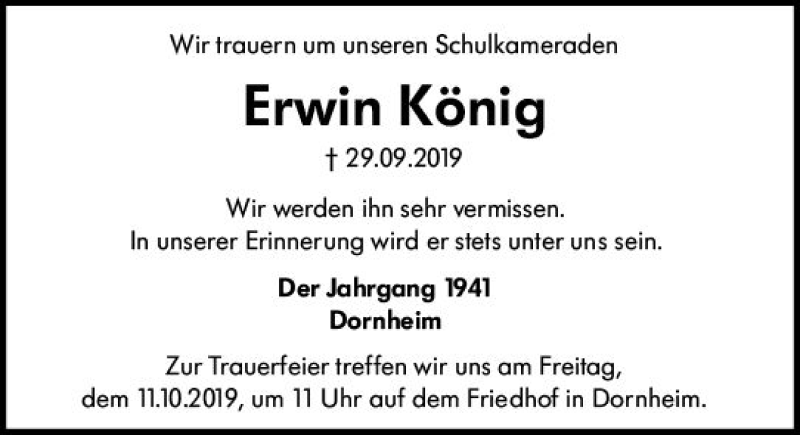  Traueranzeige für Erwin König vom 08.10.2019 aus vrm-trauer