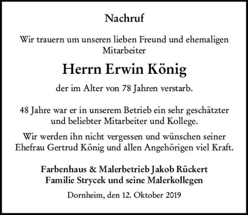  Traueranzeige für Erwin König vom 12.10.2019 aus vrm-trauer