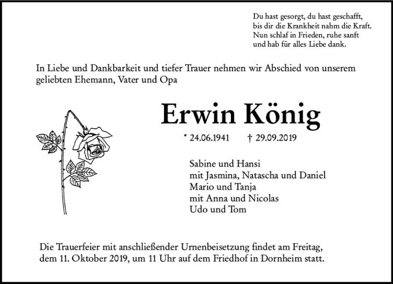  Traueranzeige für Erwin König vom 08.10.2019 aus vrm-trauer