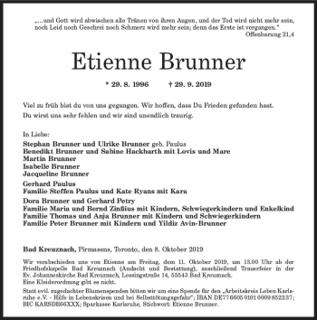 Traueranzeige von Etienne Brunner von vrm-trauer