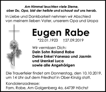 Traueranzeige von Eugen Rabe von vrm-trauer