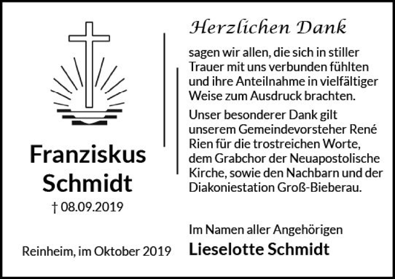  Traueranzeige für Fanziskus Schmidt vom 12.10.2019 aus vrm-trauer