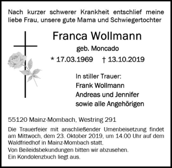 Traueranzeige von Franca Wallmann von vrm-trauer