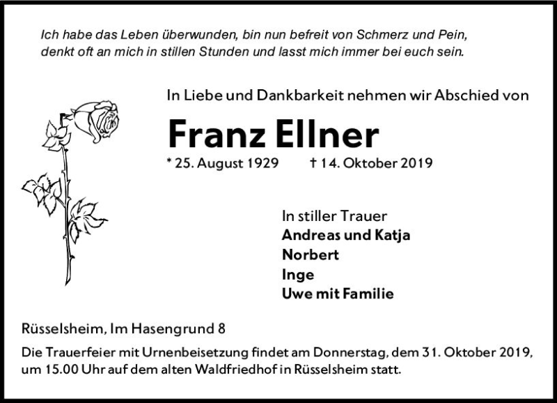  Traueranzeige für Franz Ellner vom 26.10.2019 aus vrm-trauer