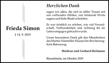 Traueranzeige von Frieda Simon von vrm-trauer