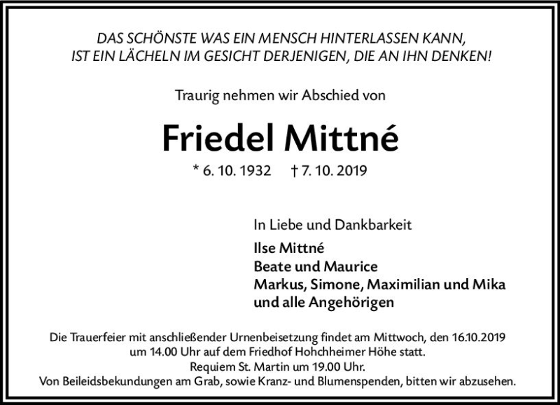  Traueranzeige für Friedel Mittne vom 15.10.2019 aus vrm-trauer