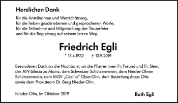 Traueranzeige von Friedrich Egli von vrm-trauer
