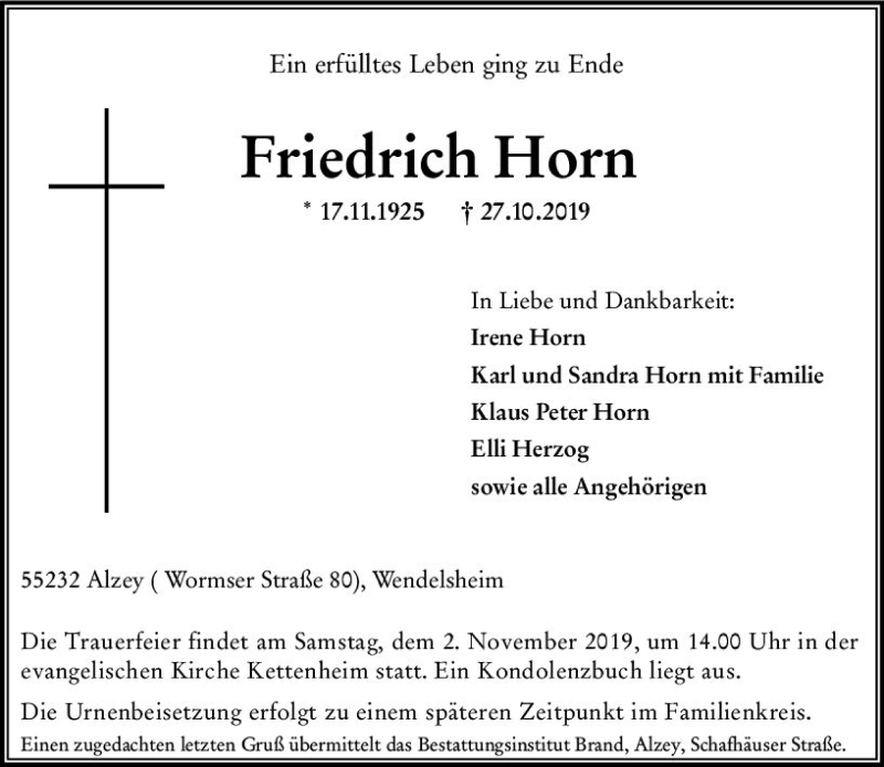  Traueranzeige für Friedrich Horn vom 30.10.2019 aus vrm-trauer