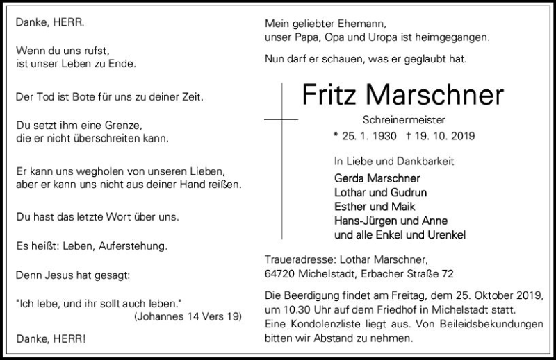  Traueranzeige für Fritz Marschner vom 23.10.2019 aus vrm-trauer