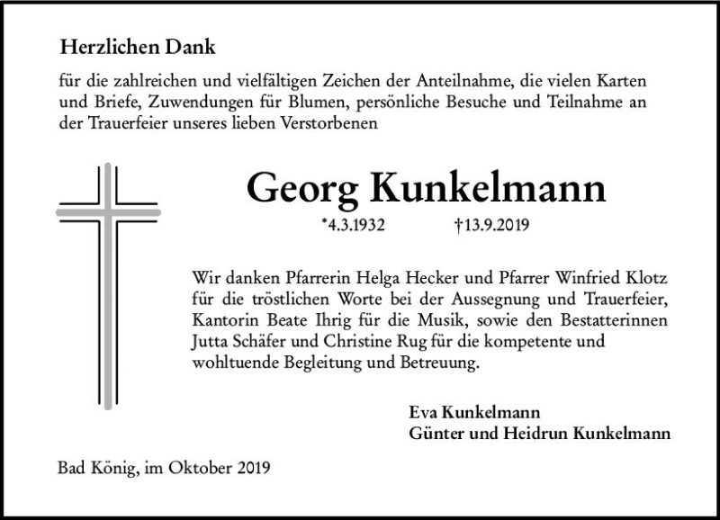  Traueranzeige für Georg Kunkelmann vom 12.10.2019 aus vrm-trauer