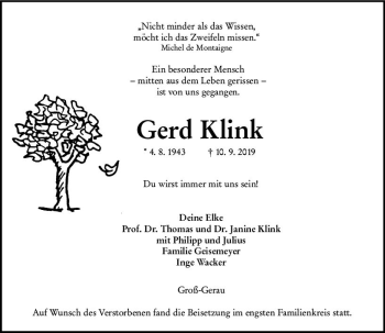 Traueranzeige von Gerd Klink von vrm-trauer